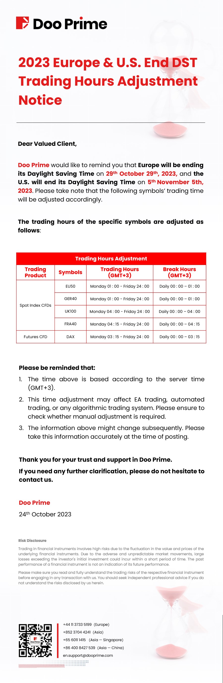 Doo Prime Europe & U.S. End DST Trading Hours Adjustment Notice - Doo Prime News