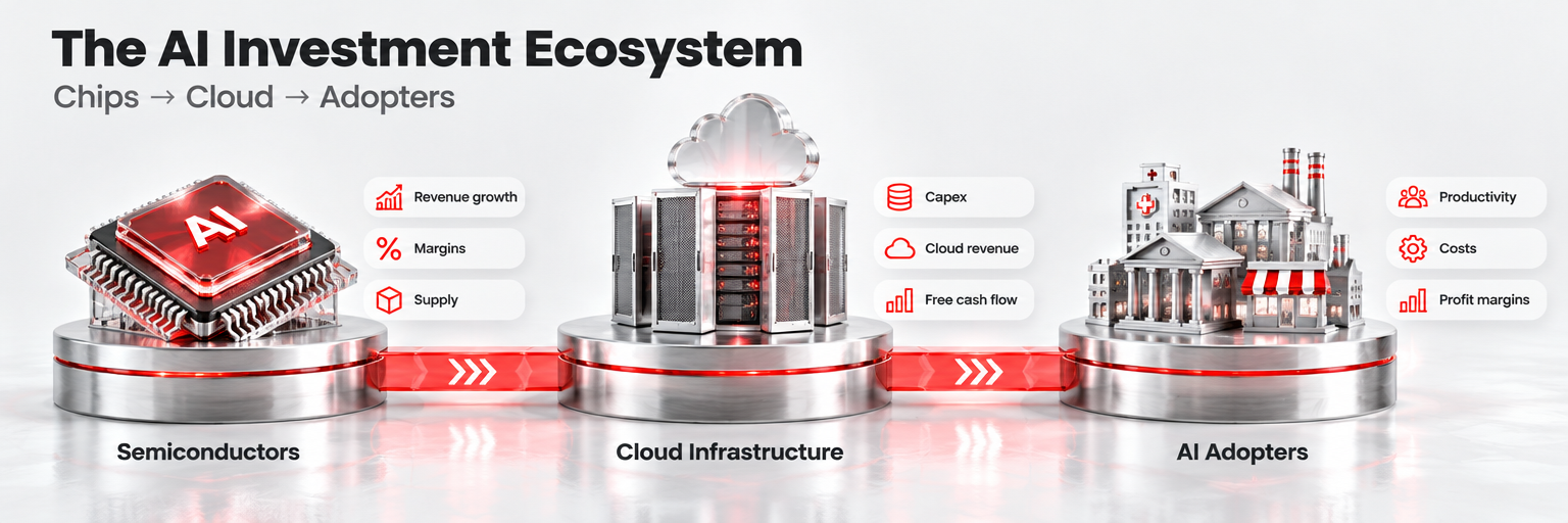 AI investment ecosystem covering semiconductors, cloud infrastructure and AI adopters.