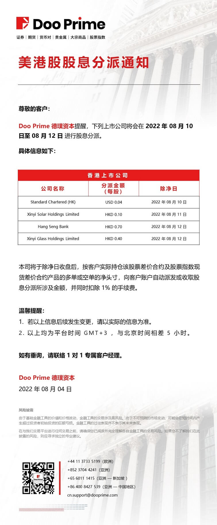 美港股股息分派通知